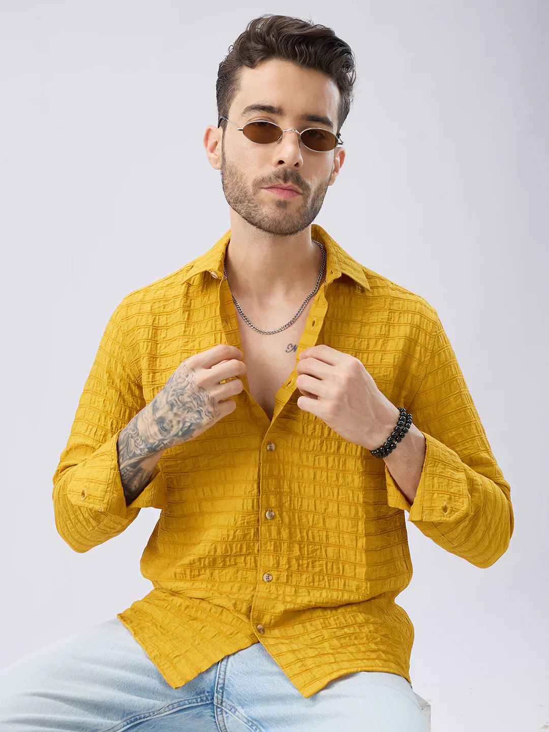Sunlit Mustard Crinkled Jacquard Shirt - Image 4
