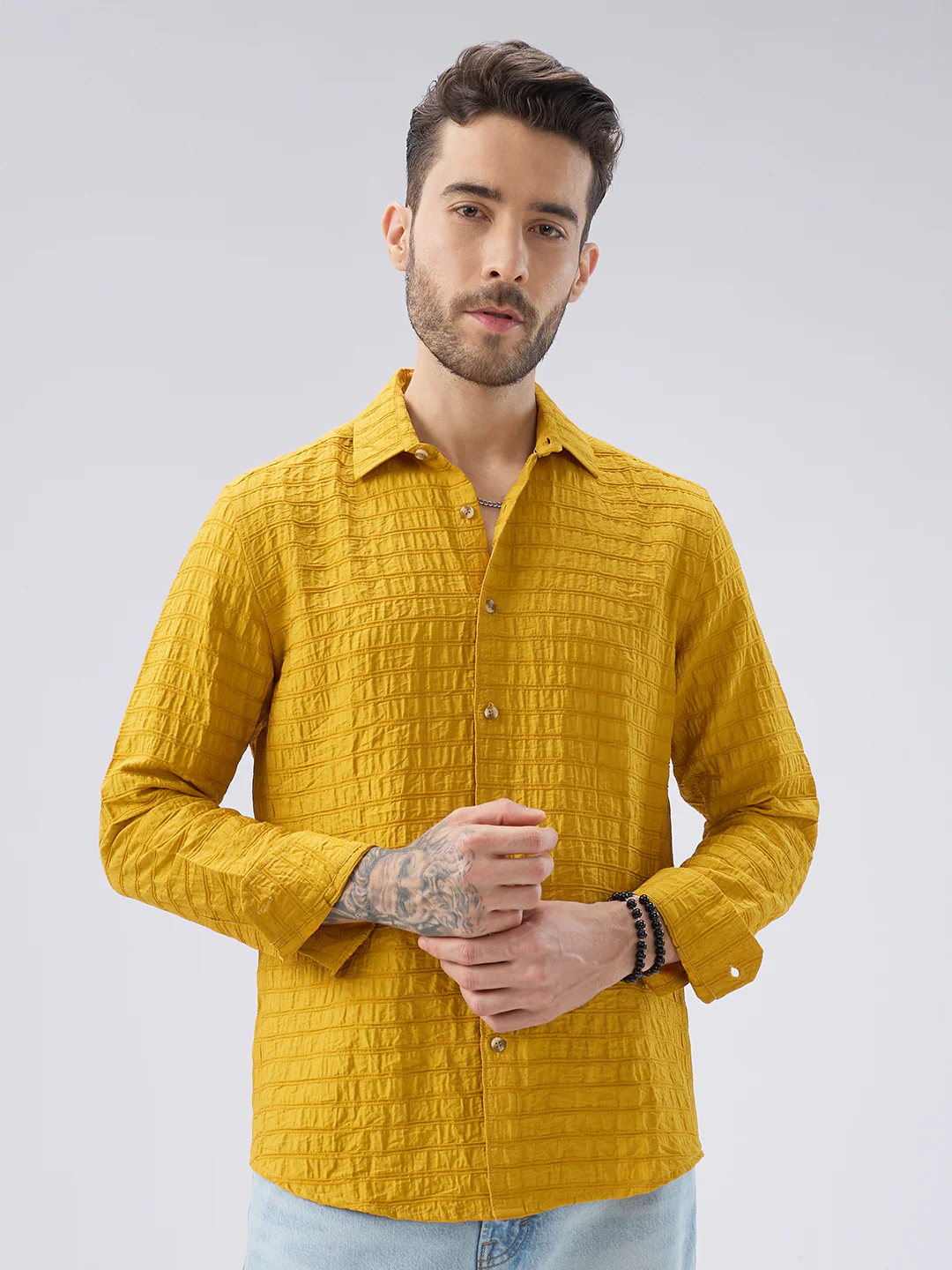 Sunlit Mustard Crinkled Jacquard Shirt - Image 5