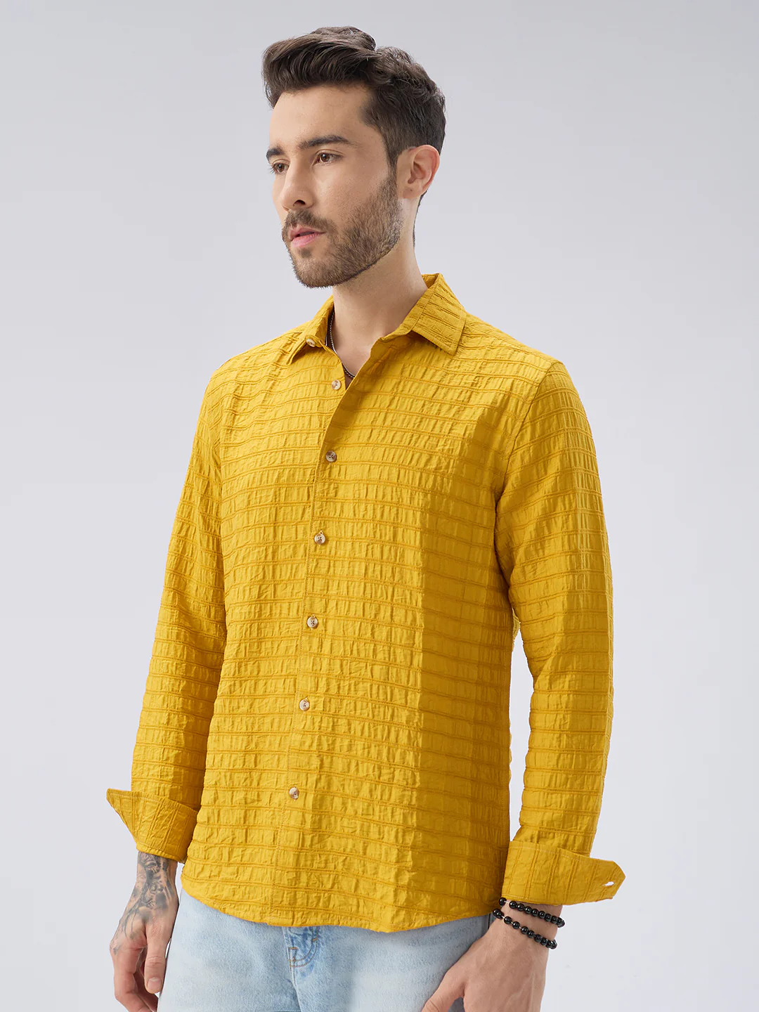 Sunlit Mustard Crinkled Jacquard Shirt - Image 6