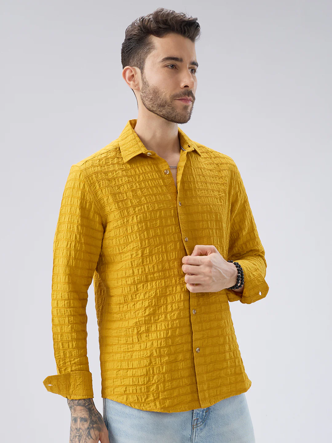Sunlit Mustard Crinkled Jacquard Shirt - Image 7