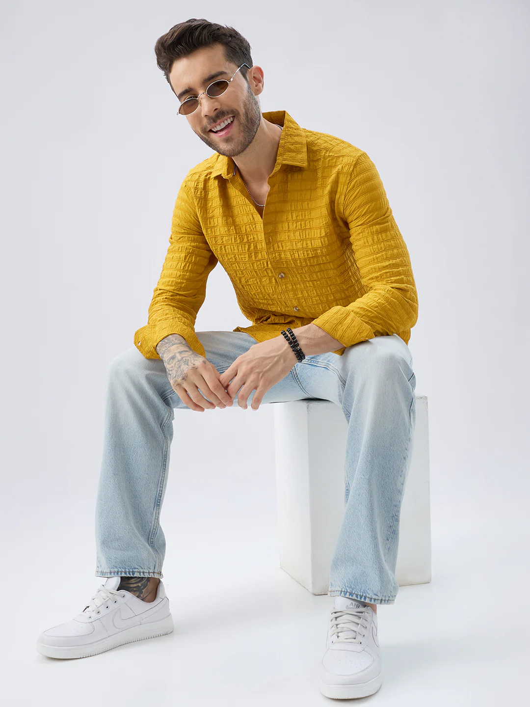 Sunlit Mustard Crinkled Jacquard Shirt - Image 9