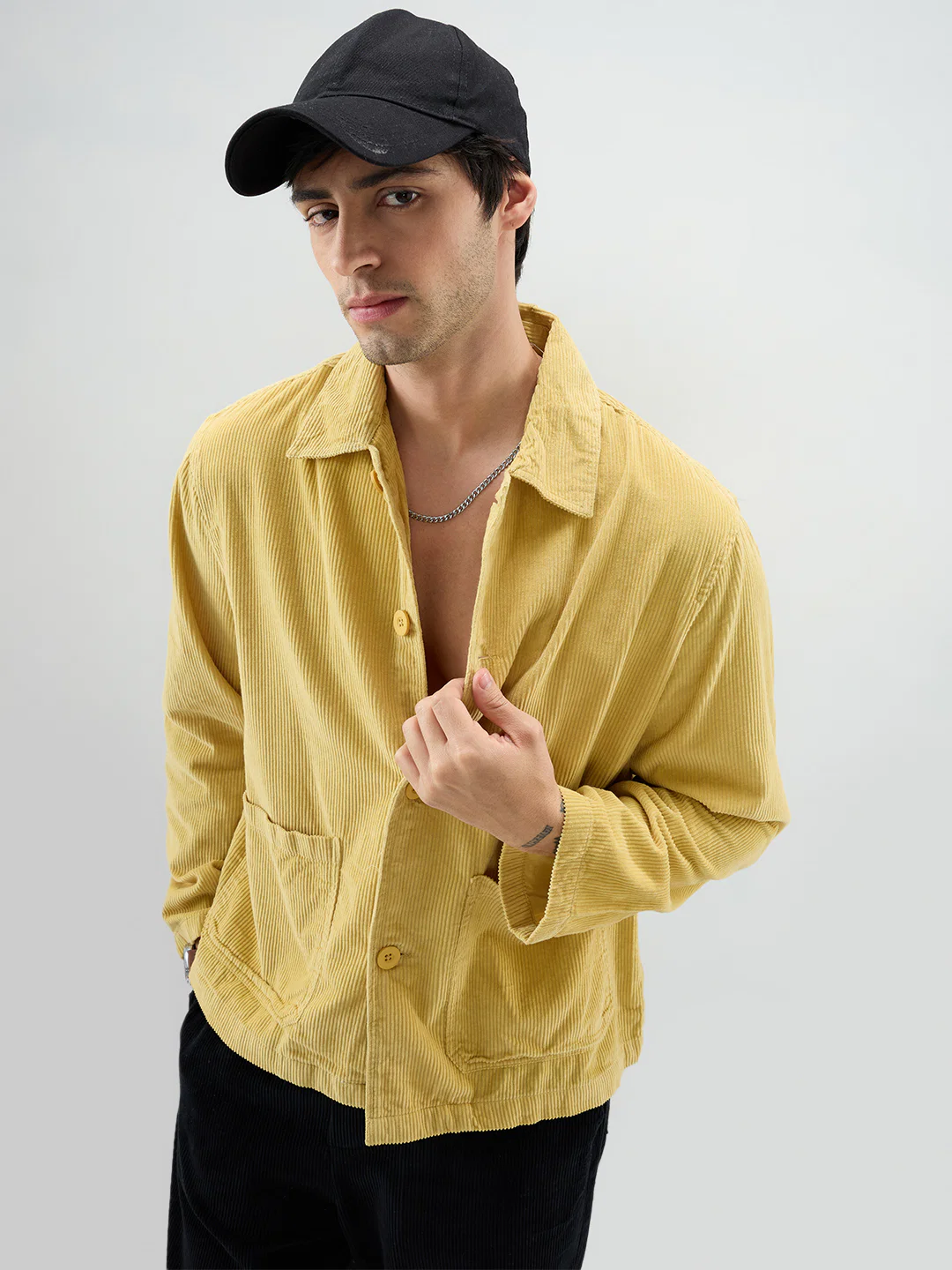 Sunmelt Mustard Corduroy Oversized Double Pocket Crop Shacket - Image 4