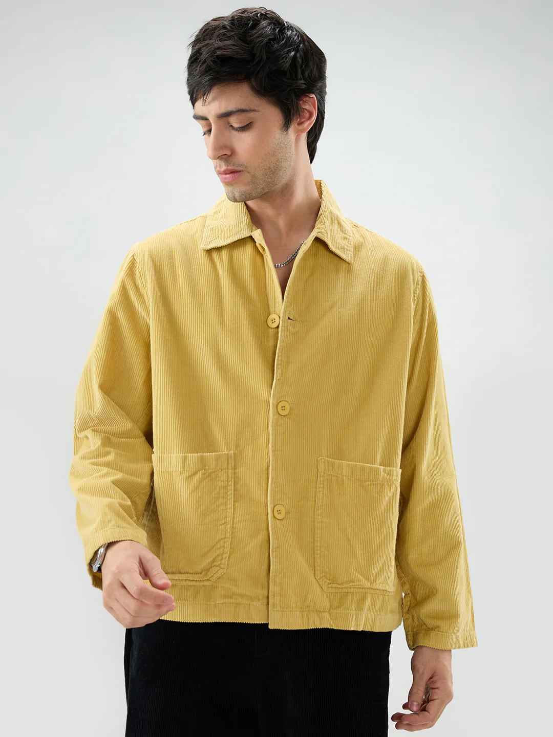 Sunmelt Mustard Corduroy Oversized Double Pocket Crop Shacket - Image 5