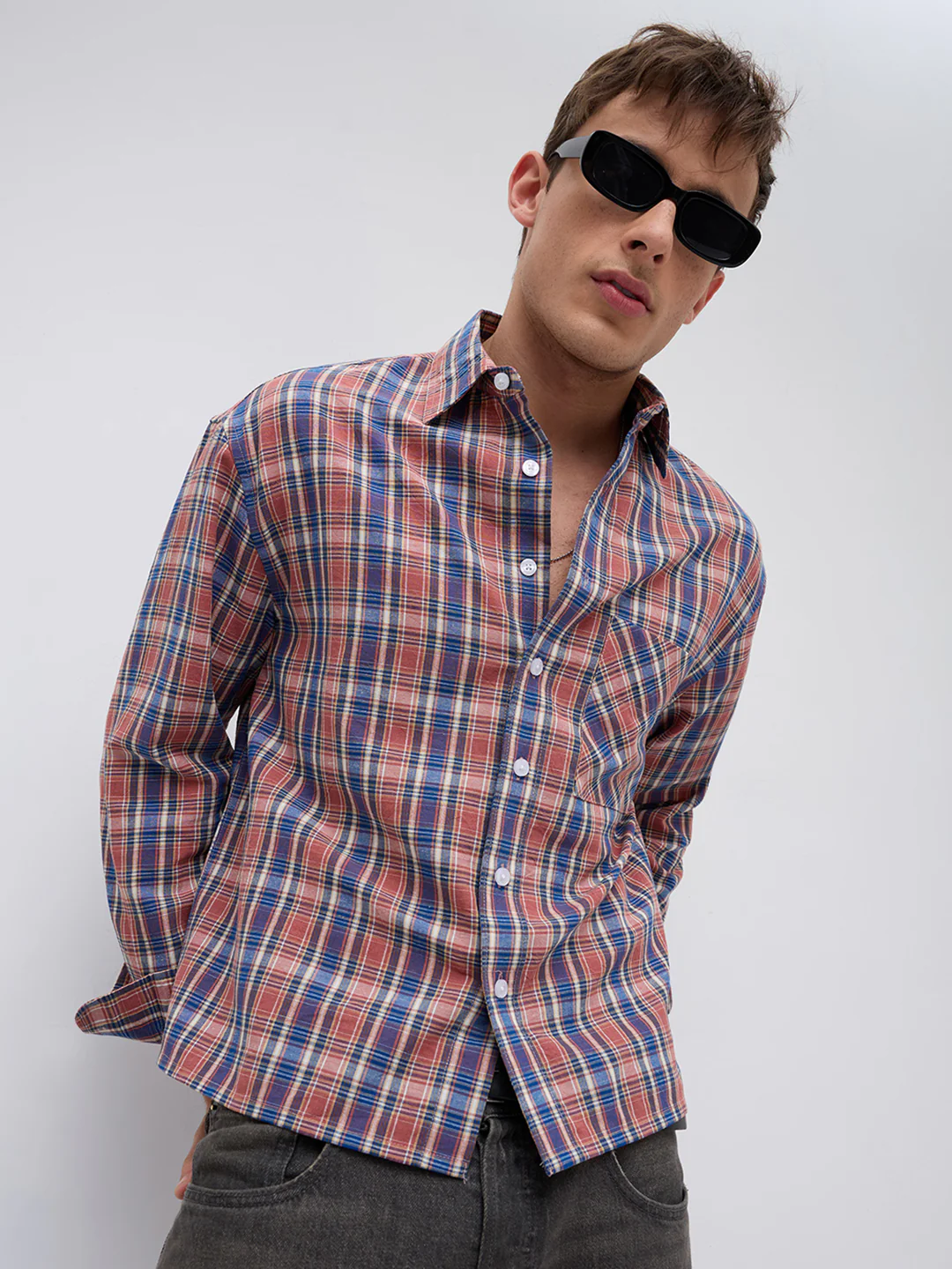 Sunset Denim Multi Checks Linen Blend Boxy Fit Crop Shirt - Image 2