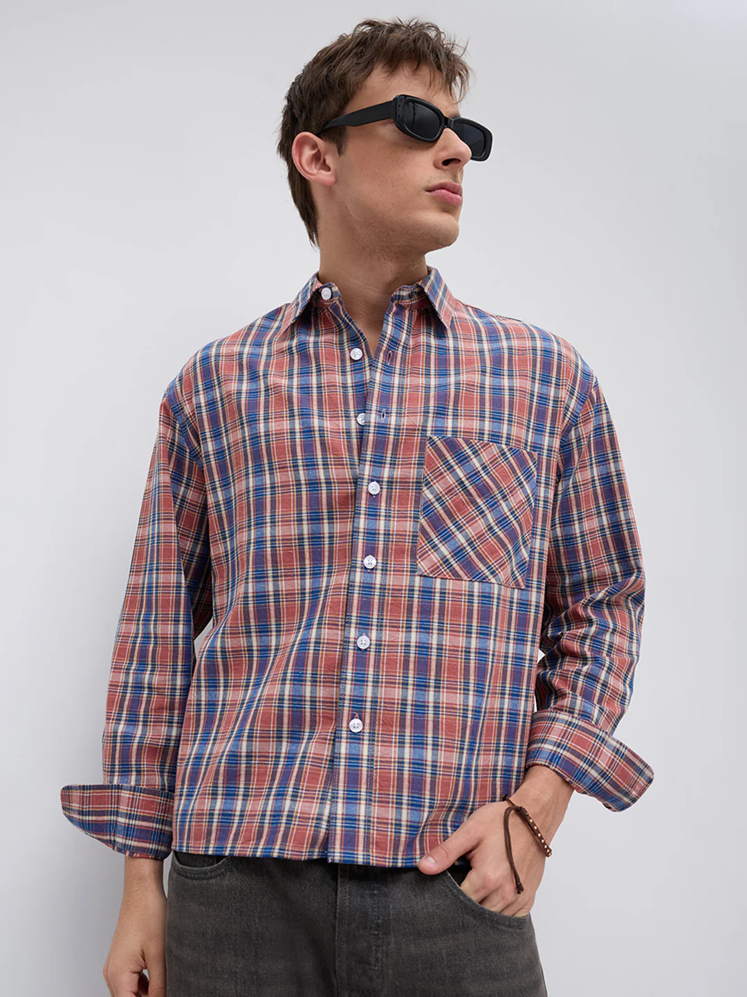 Sunset Denim Multi Checks Linen Blend Boxy Fit Crop Shirt - Image 5