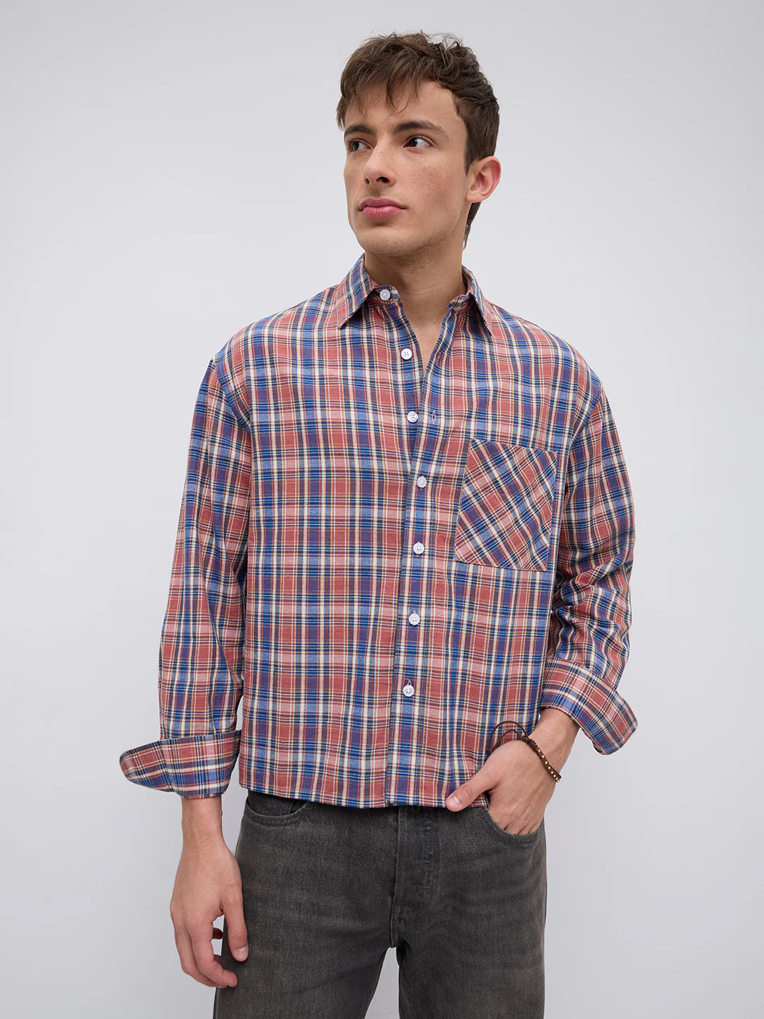 Sunset Denim Multi Checks Linen Blend Boxy Fit Crop Shirt - Image 6