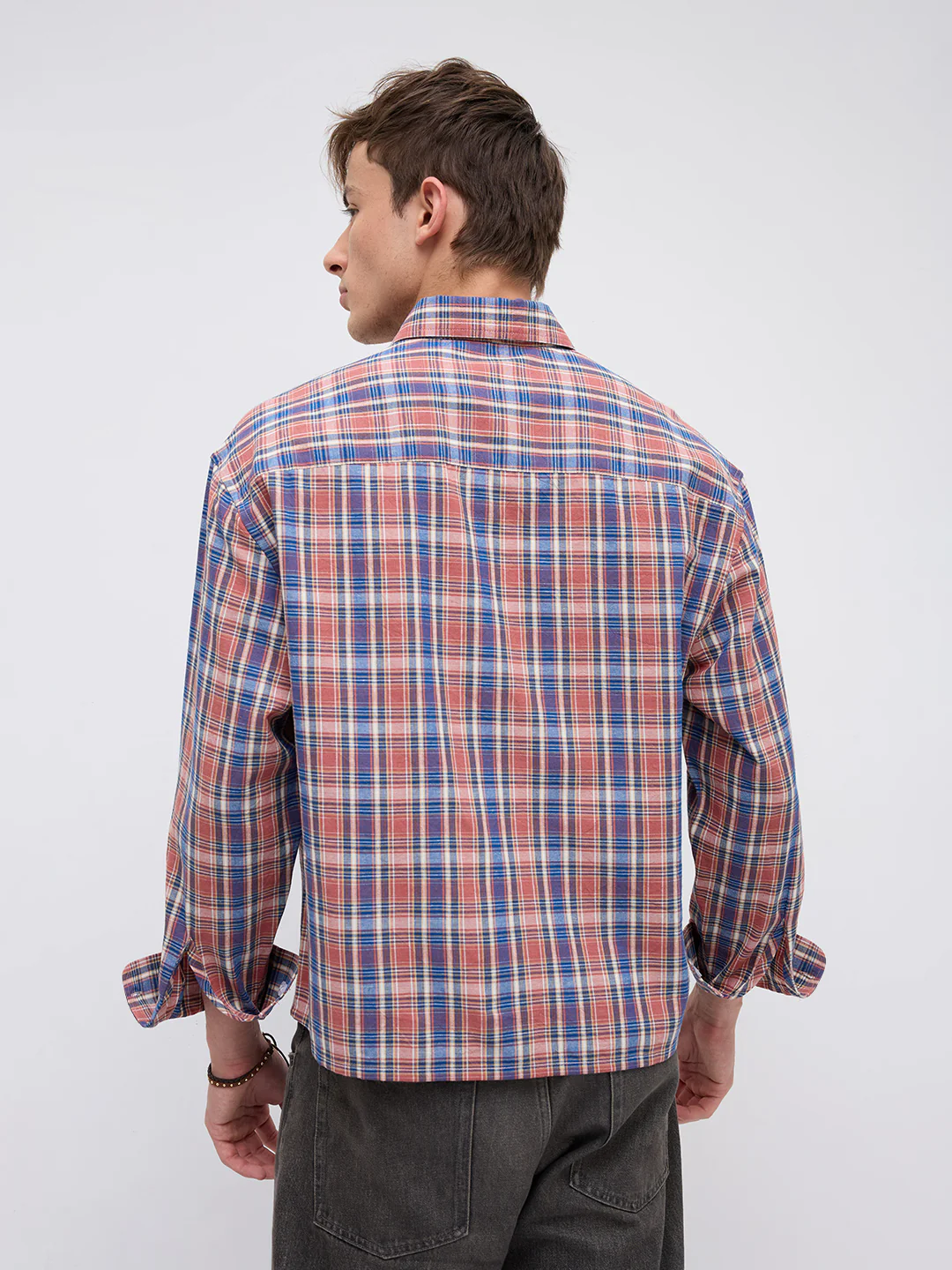 Sunset Denim Multi Checks Linen Blend Boxy Fit Crop Shirt - Image 8