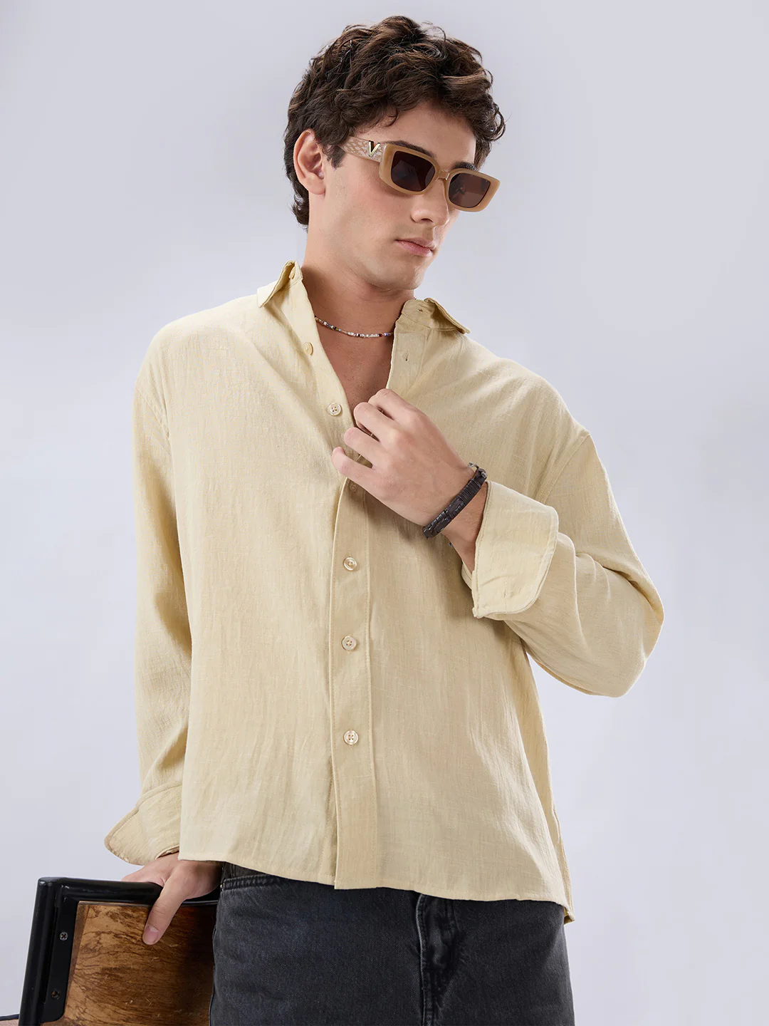 Sunwash Beige Slub Textured Boxy Fit Crop Shirt - Image 2