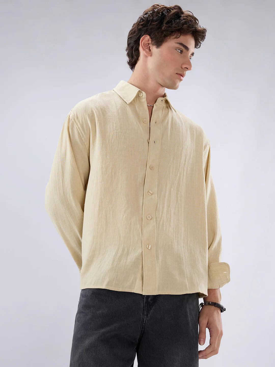 Sunwash Beige Slub Textured Boxy Fit Crop Shirt - Image 5