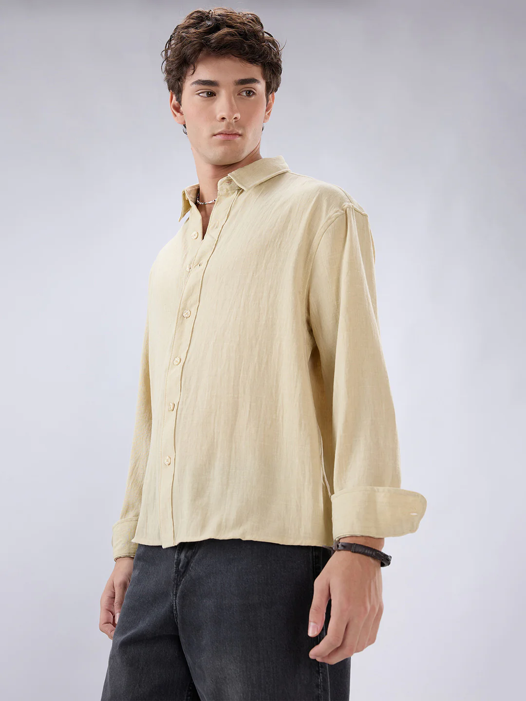Sunwash Beige Slub Textured Boxy Fit Crop Shirt - Image 6