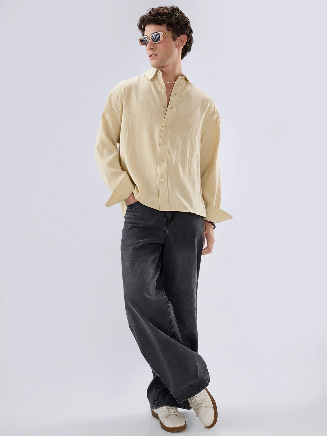 Sunwash Beige Slub Textured Boxy Fit Crop Shirt - Image 8
