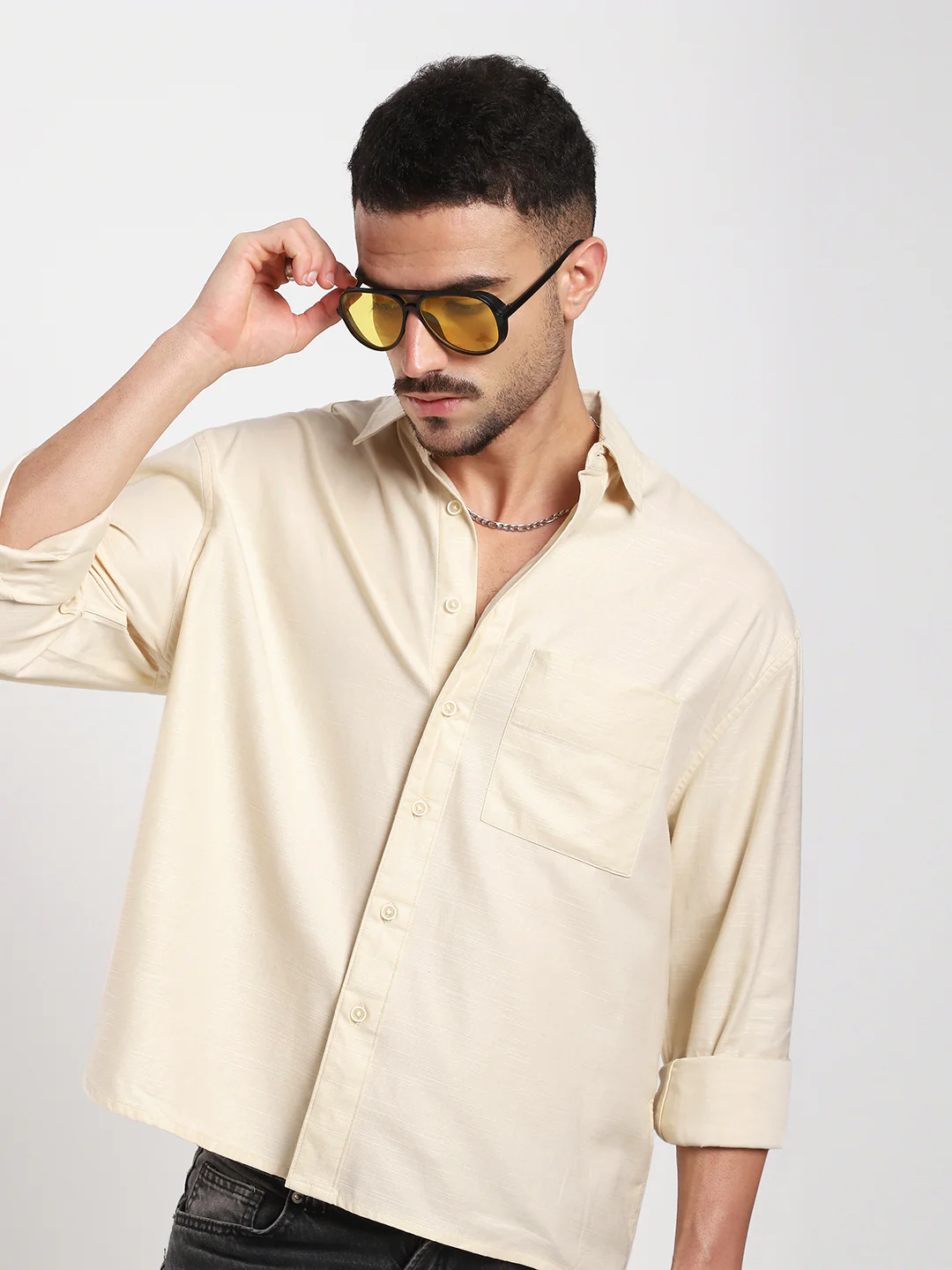 Sunwashed Cream Slub Textured Oversized Boxy Fit Crop Shirt