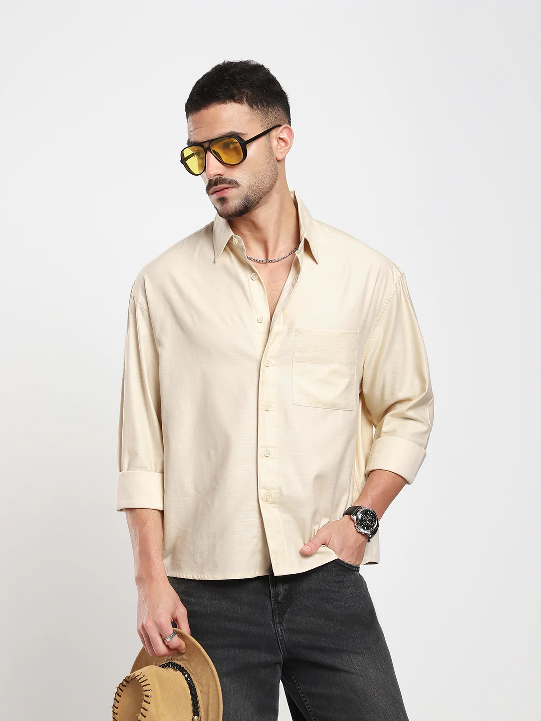 Sunwashed Cream Slub Textured Oversized Boxy Fit Crop Shirt - Image 2