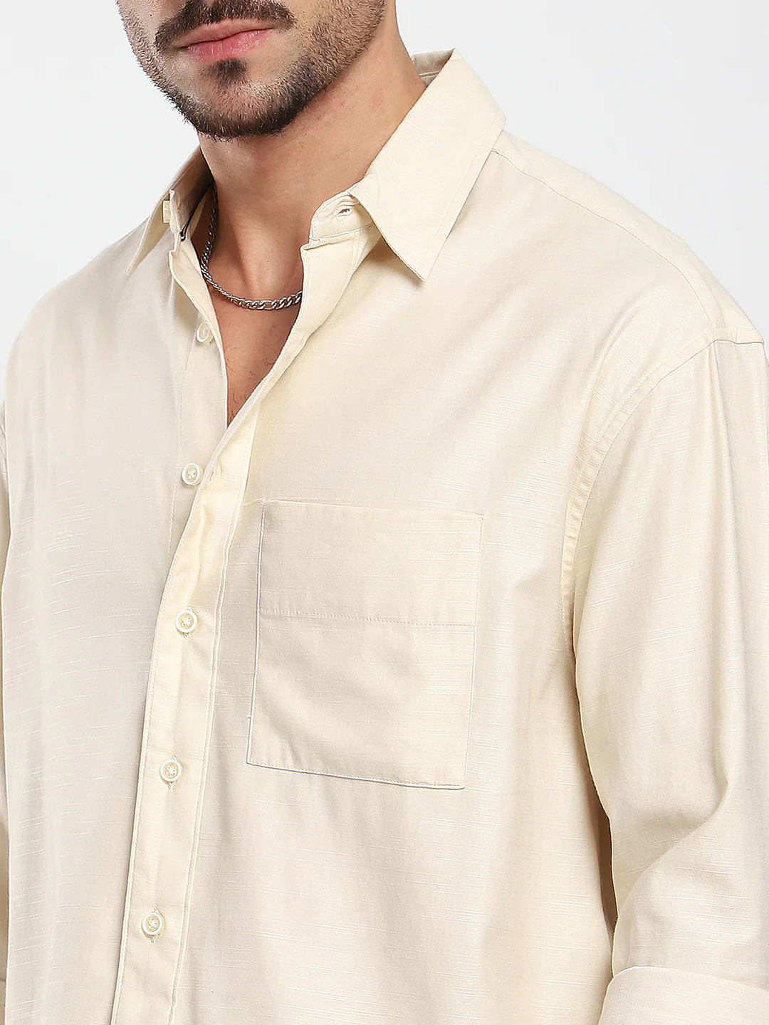 Sunwashed Cream Slub Textured Oversized Boxy Fit Crop Shirt - Image 3