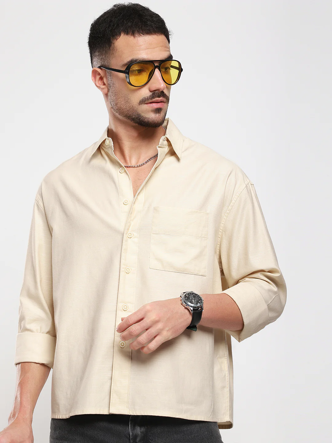 Sunwashed Cream Slub Textured Oversized Boxy Fit Crop Shirt - Image 4