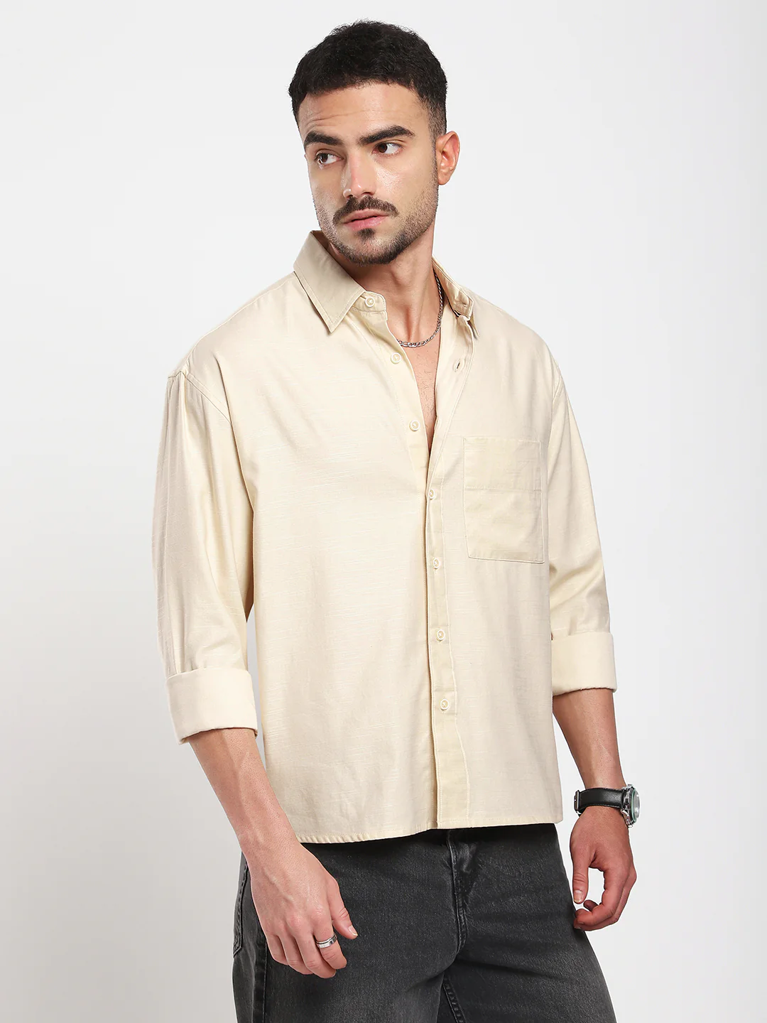Sunwashed Cream Slub Textured Oversized Boxy Fit Crop Shirt - Image 5