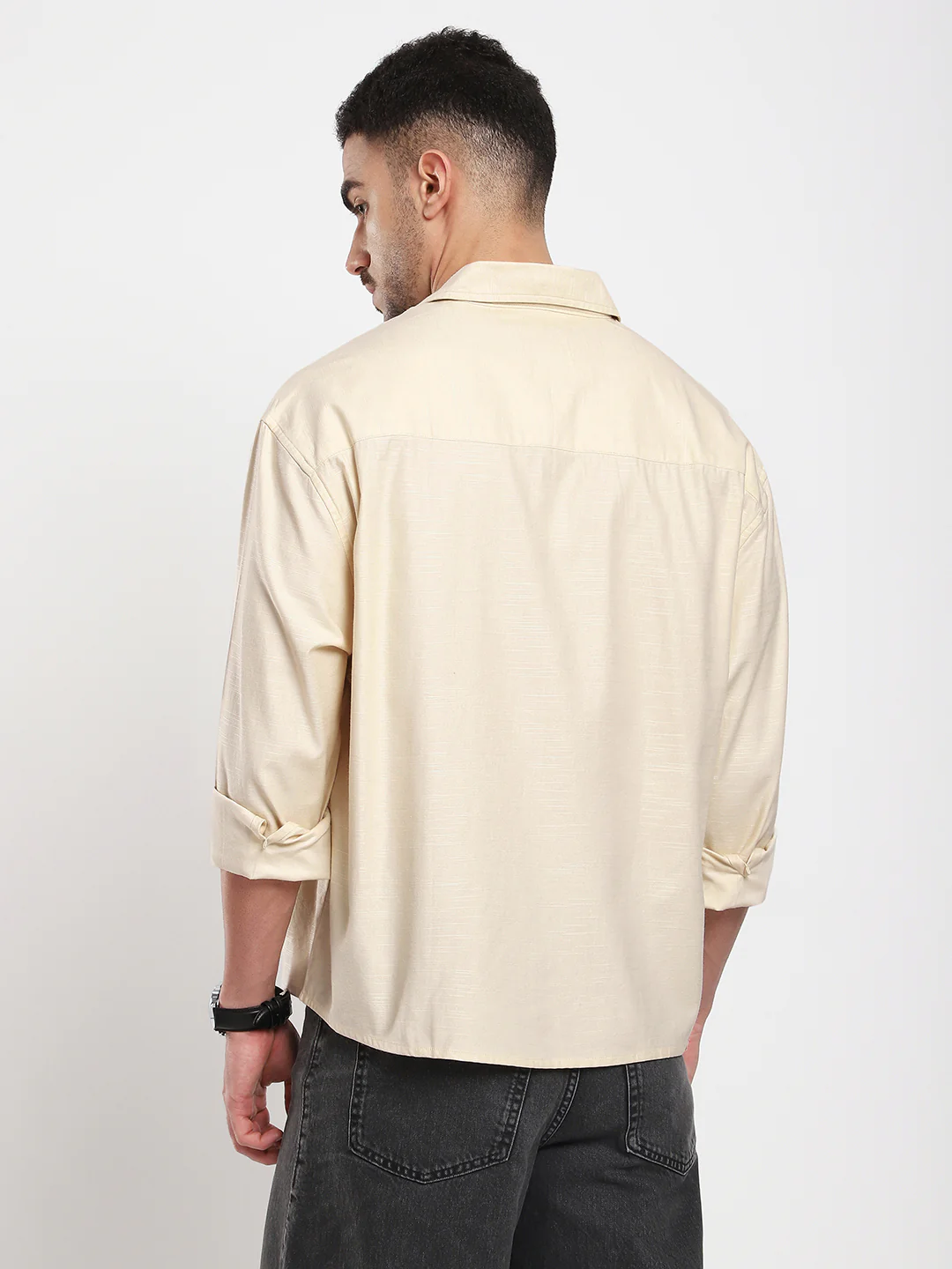 Sunwashed Cream Slub Textured Oversized Boxy Fit Crop Shirt - Image 6