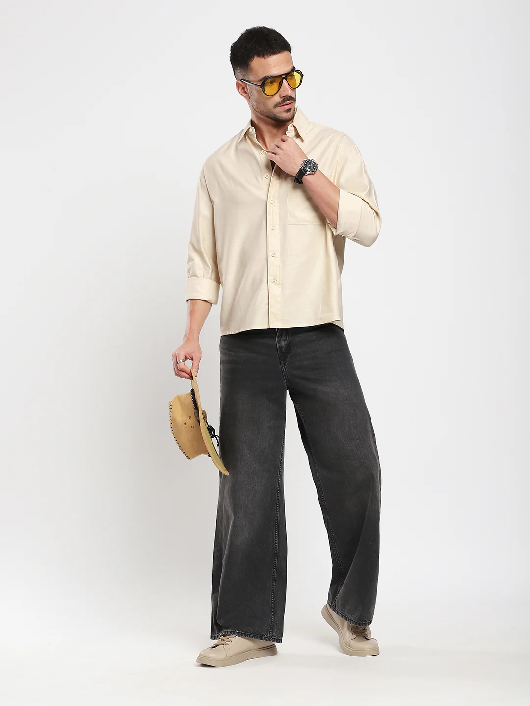 Sunwashed Cream Slub Textured Oversized Boxy Fit Crop Shirt - Image 7