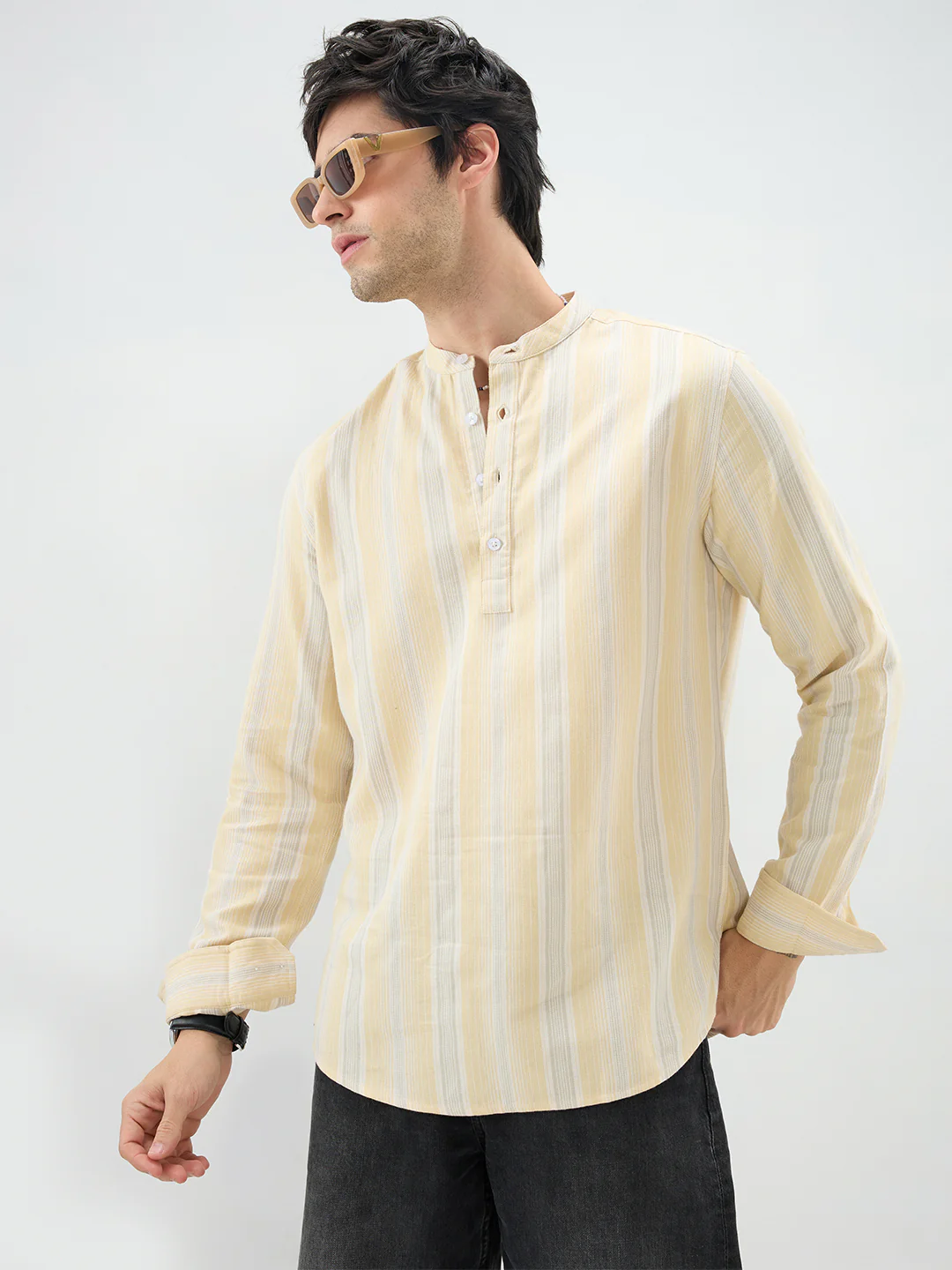 Sunwashed Sand Beige Multi-Stripe Kurta - Image 4