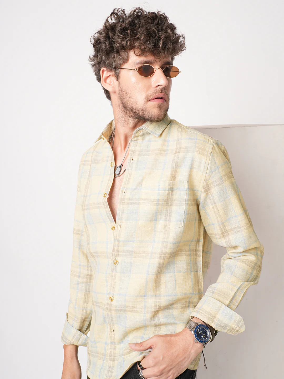 Sunwashed Yellow Linen Blend Grid Shirt - Image 2