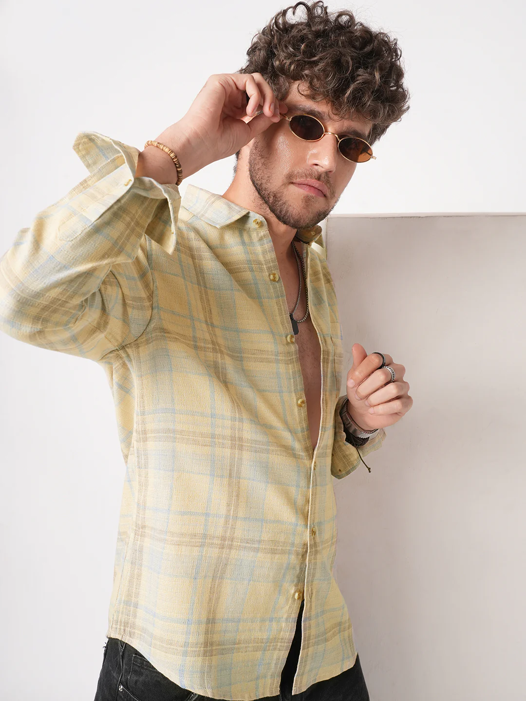 Sunwashed Yellow Linen Blend Grid Shirt - Image 4