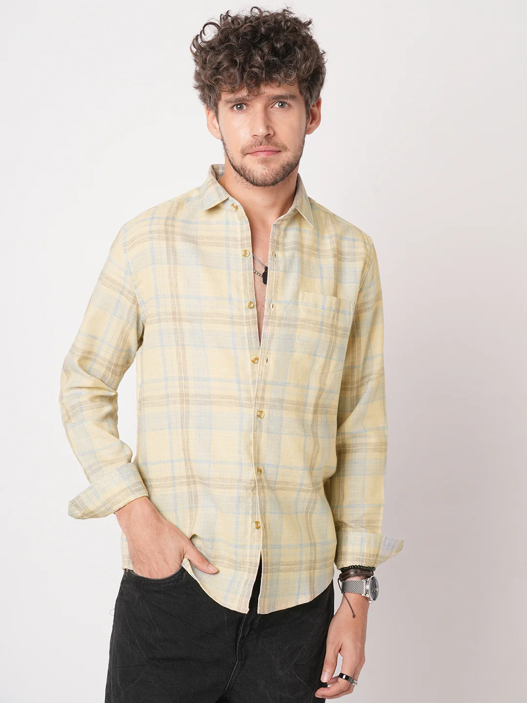 Sunwashed Yellow Linen Blend Grid Shirt - Image 5