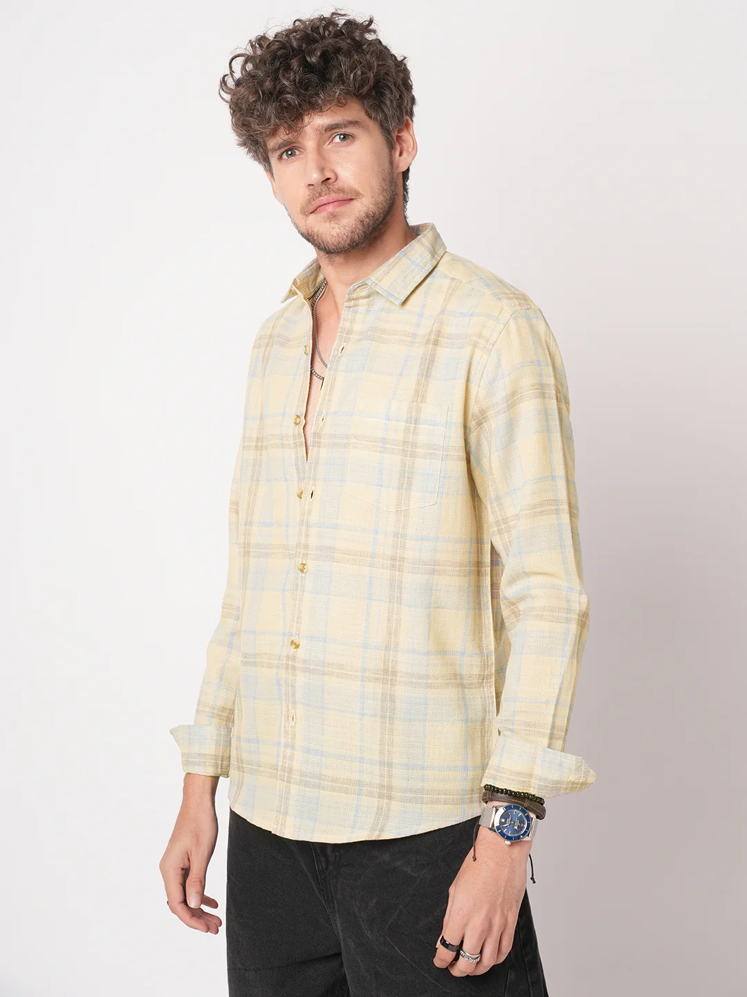 Sunwashed Yellow Linen Blend Grid Shirt - Image 6