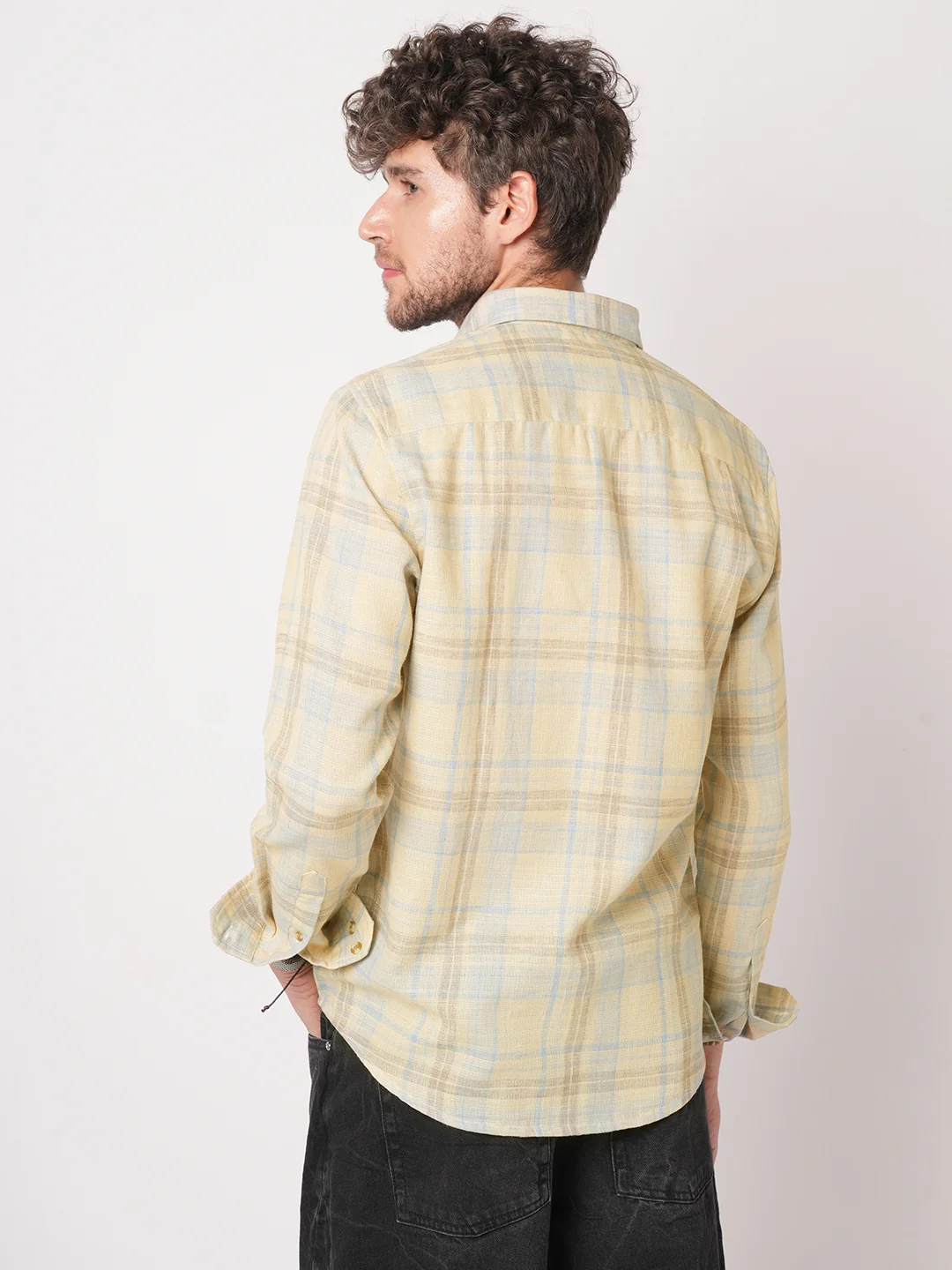 Sunwashed Yellow Linen Blend Grid Shirt - Image 7