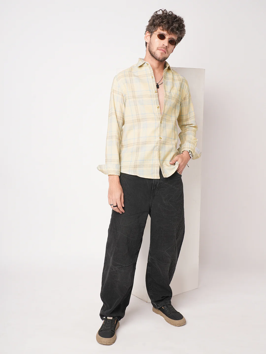 Sunwashed Yellow Linen Blend Grid Shirt - Image 8