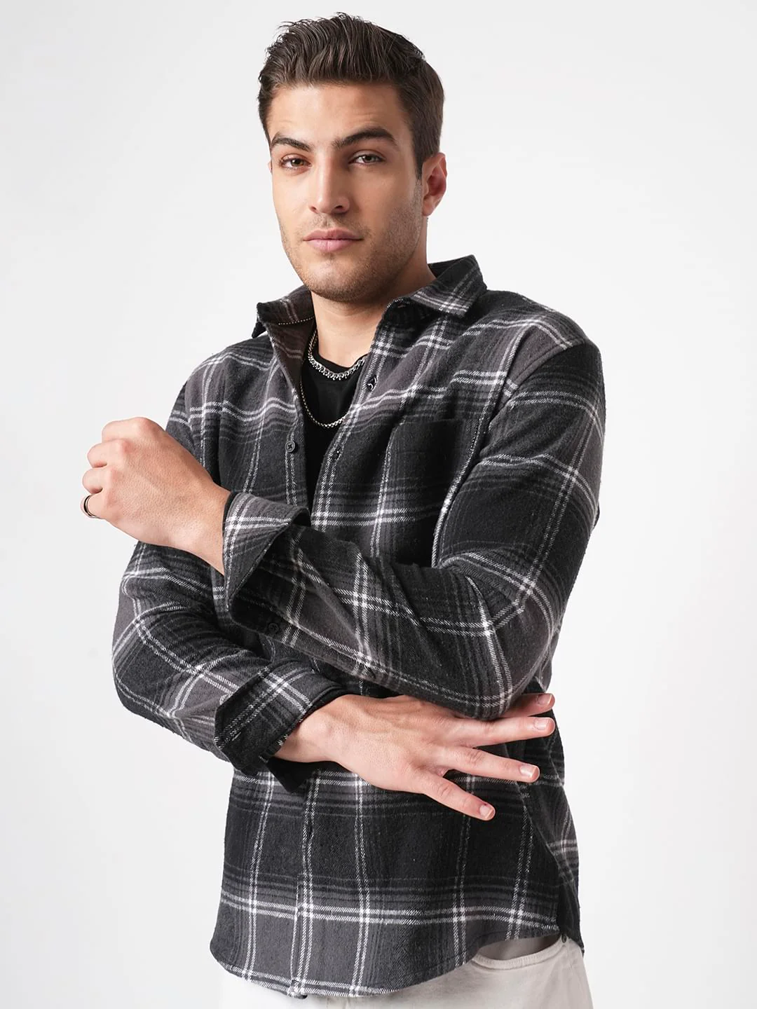 Super Soft Black & Grey Tartan Checked Flannel Shirt - Image 4