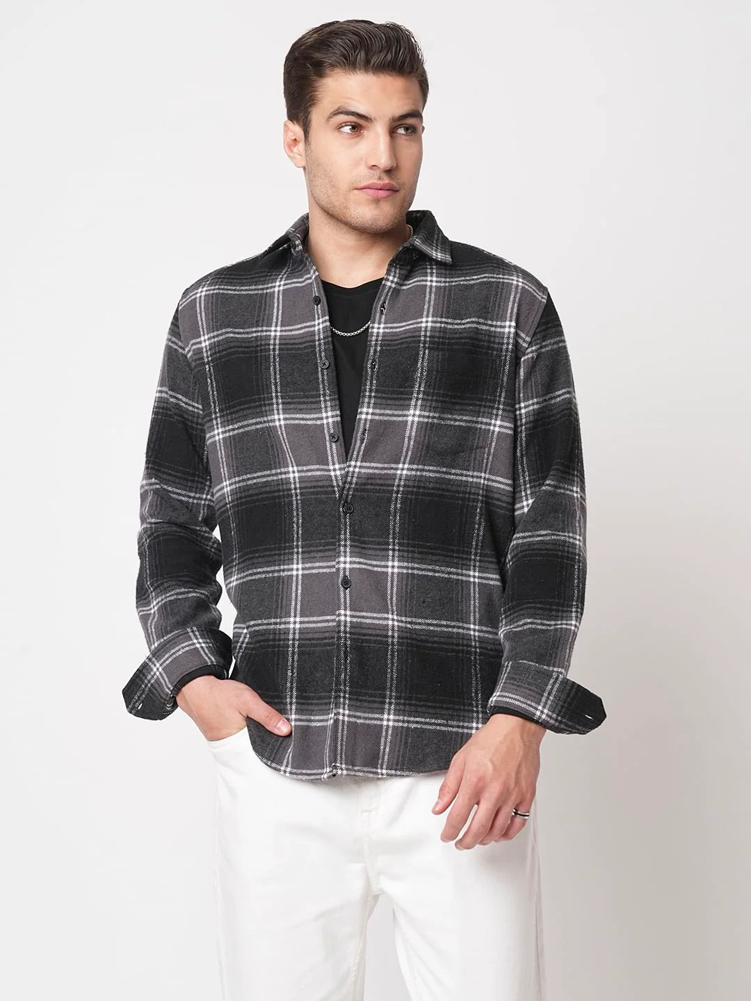 Super Soft Black & Grey Tartan Checked Flannel Shirt - Image 5