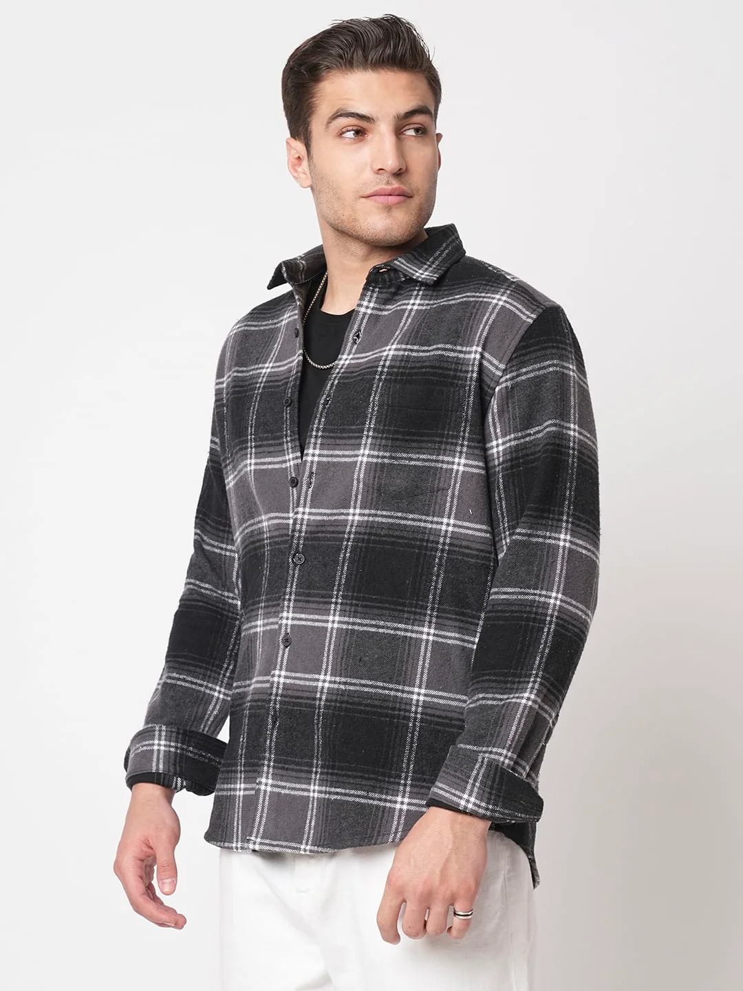Super Soft Black & Grey Tartan Checked Flannel Shirt - Image 6