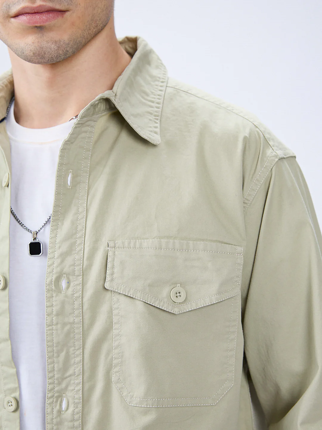 Super Soft Earthy Green Double Pocket Overshirt - Image 3