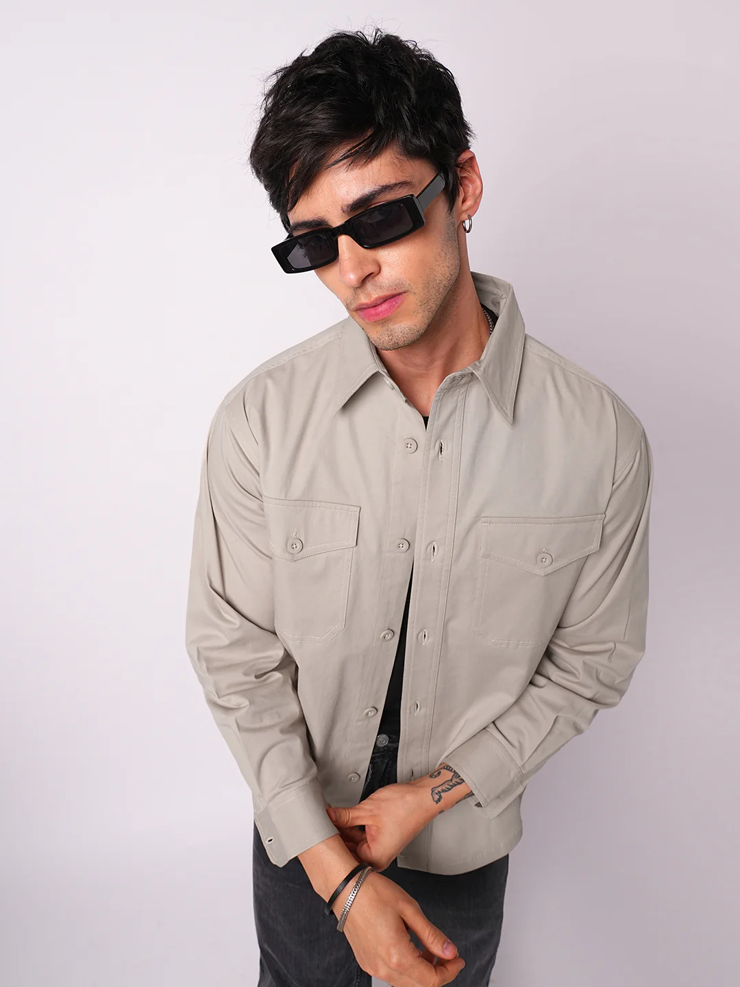 Super Soft Solid Bone Grey Double Pocket Overshirt - Image 2