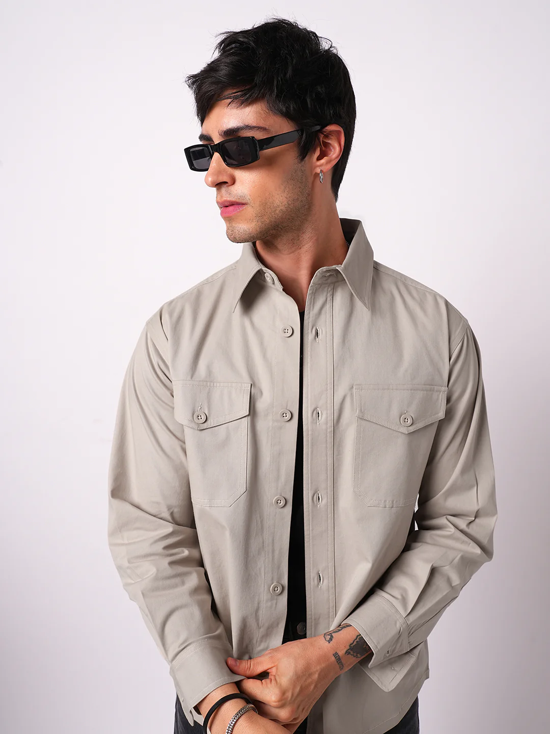Super Soft Solid Bone Grey Double Pocket Overshirt - Image 4