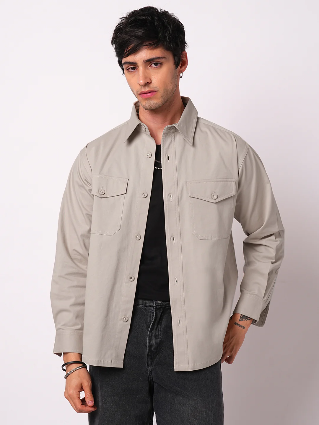Super Soft Solid Bone Grey Double Pocket Overshirt - Image 5