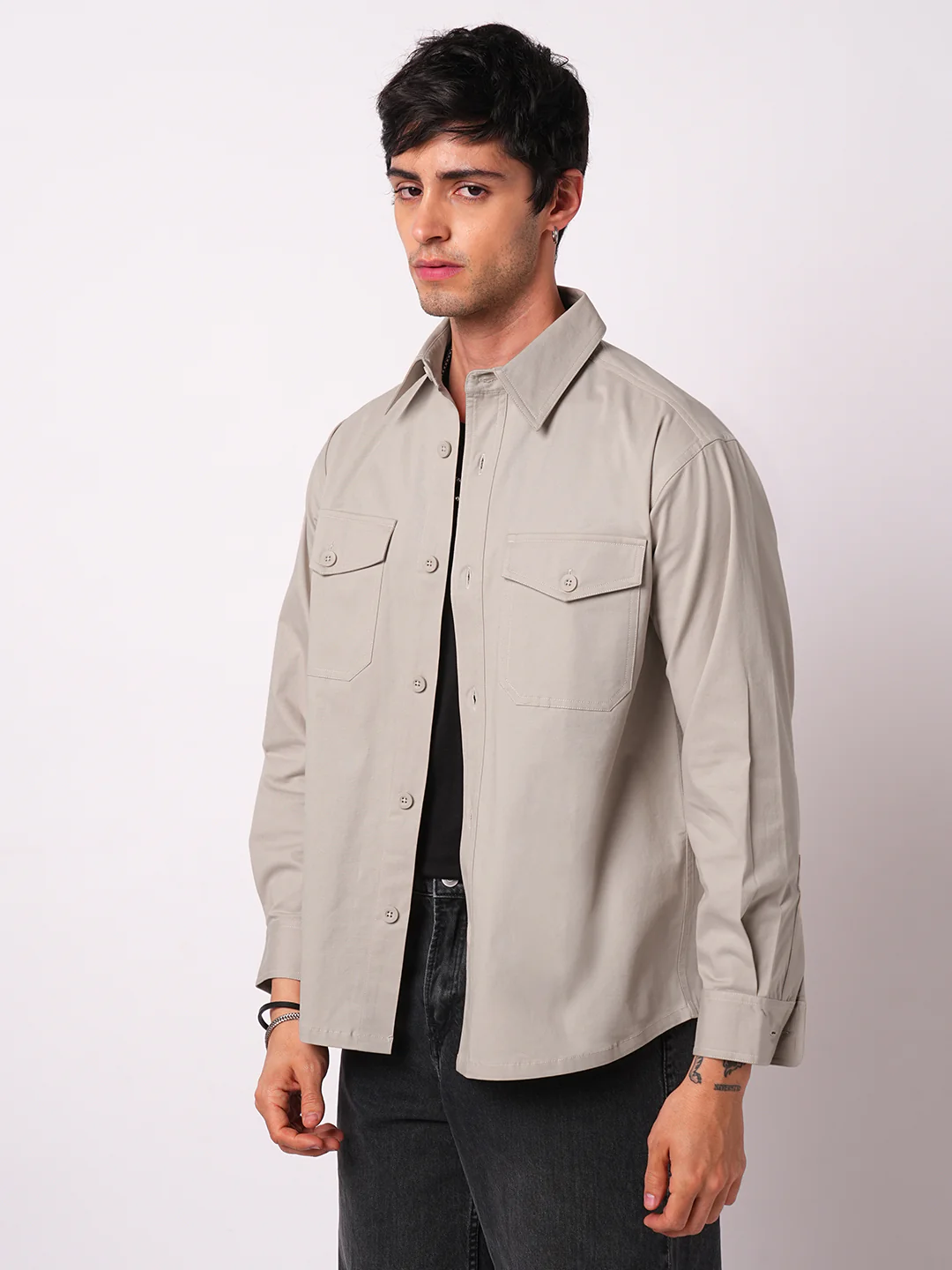 Super Soft Solid Bone Grey Double Pocket Overshirt - Image 6