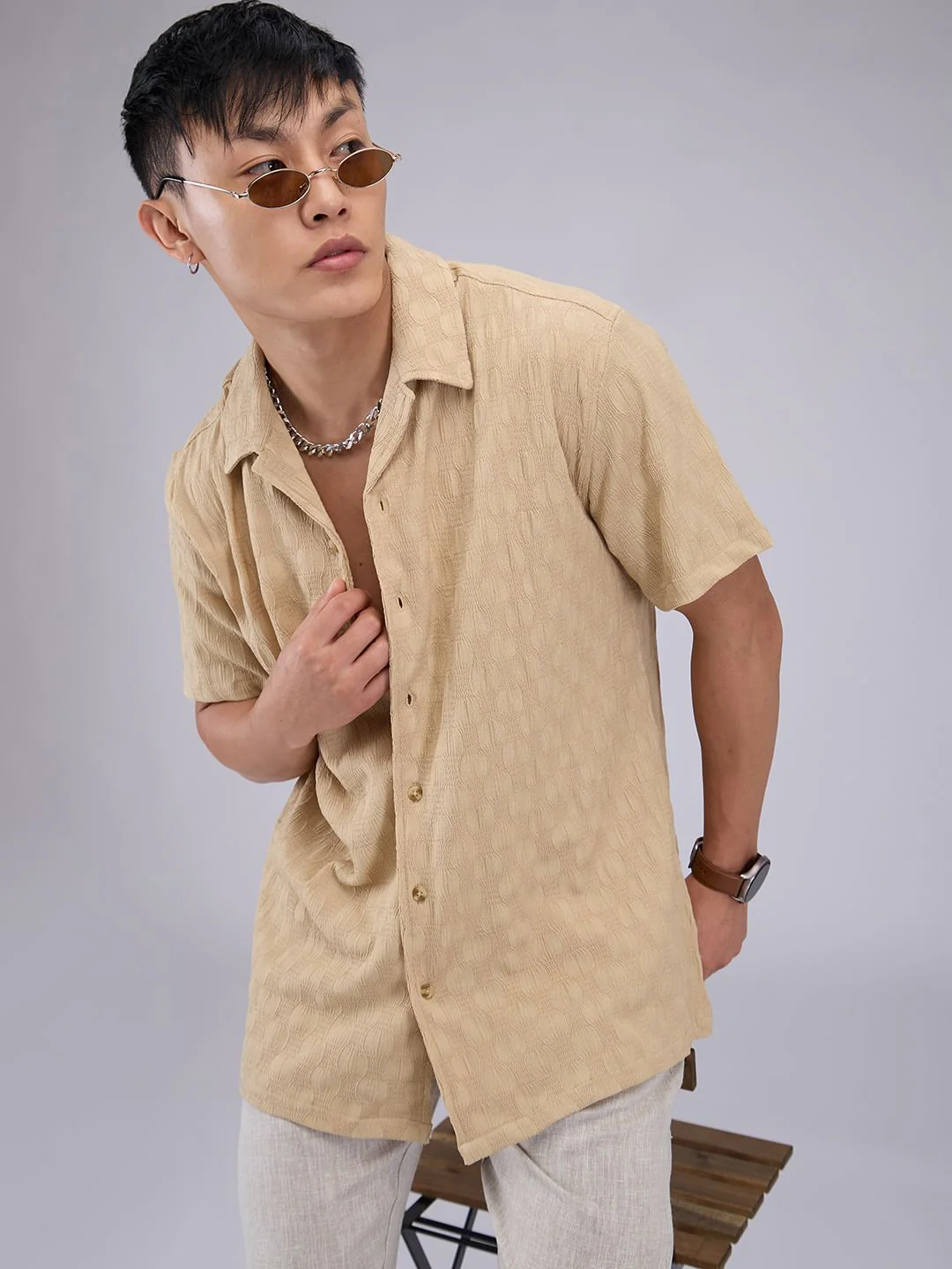 Tan Beige Crepe Textured Oversized Shirt - Image 2