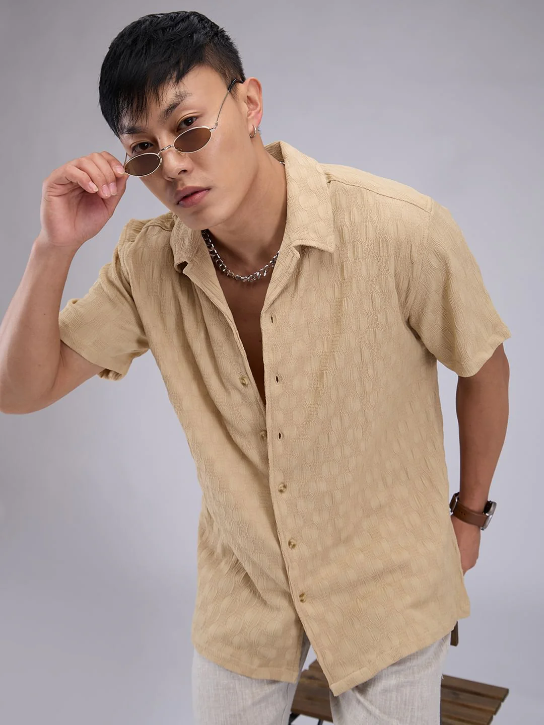 Tan Beige Crepe Textured Oversized Shirt - Image 4