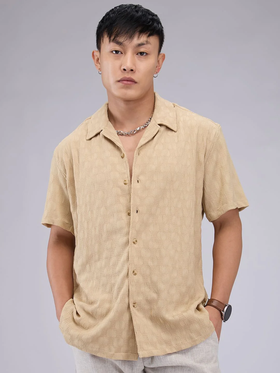 Tan Beige Crepe Textured Oversized Shirt - Image 5