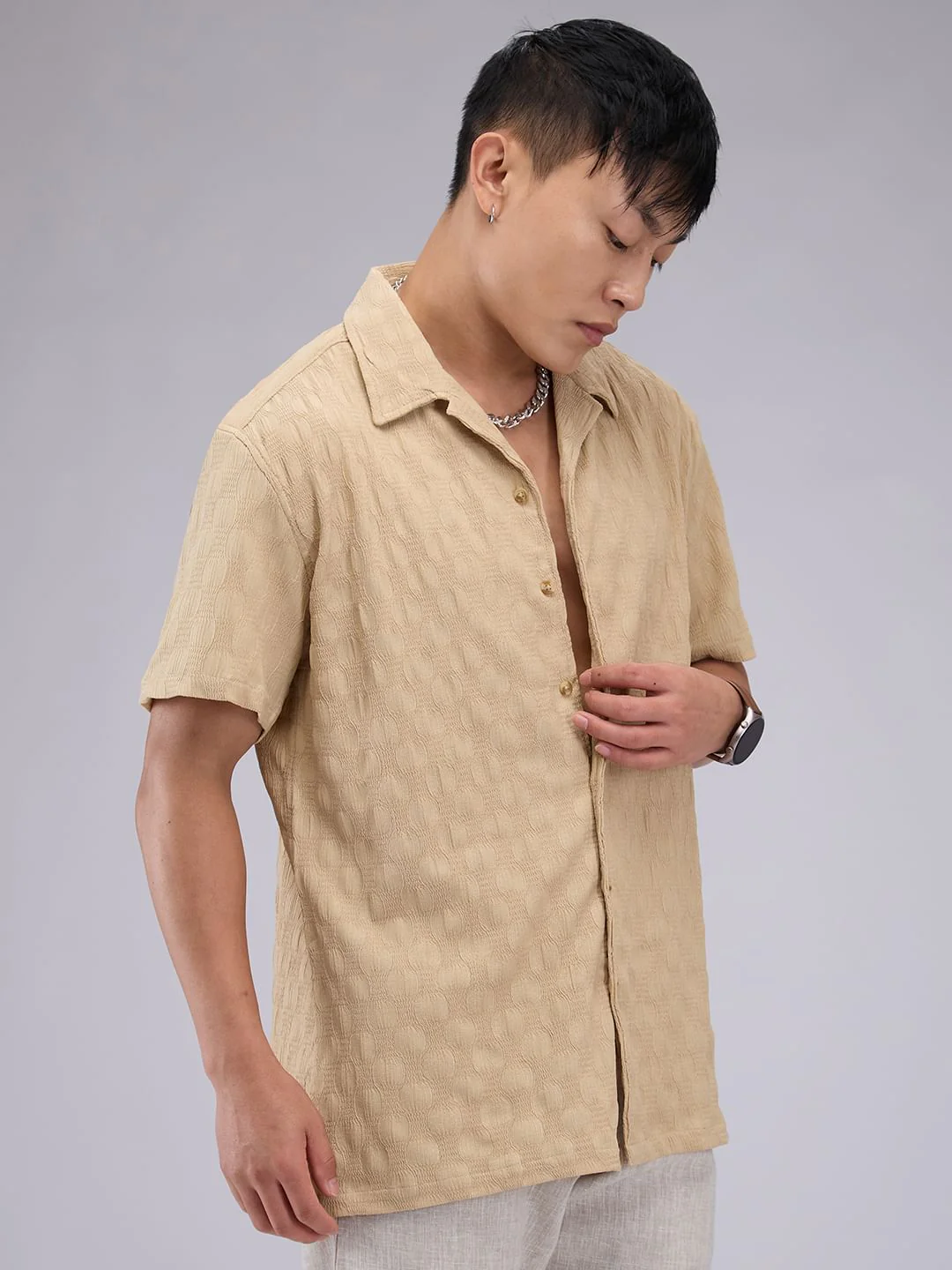 Tan Beige Crepe Textured Oversized Shirt - Image 6