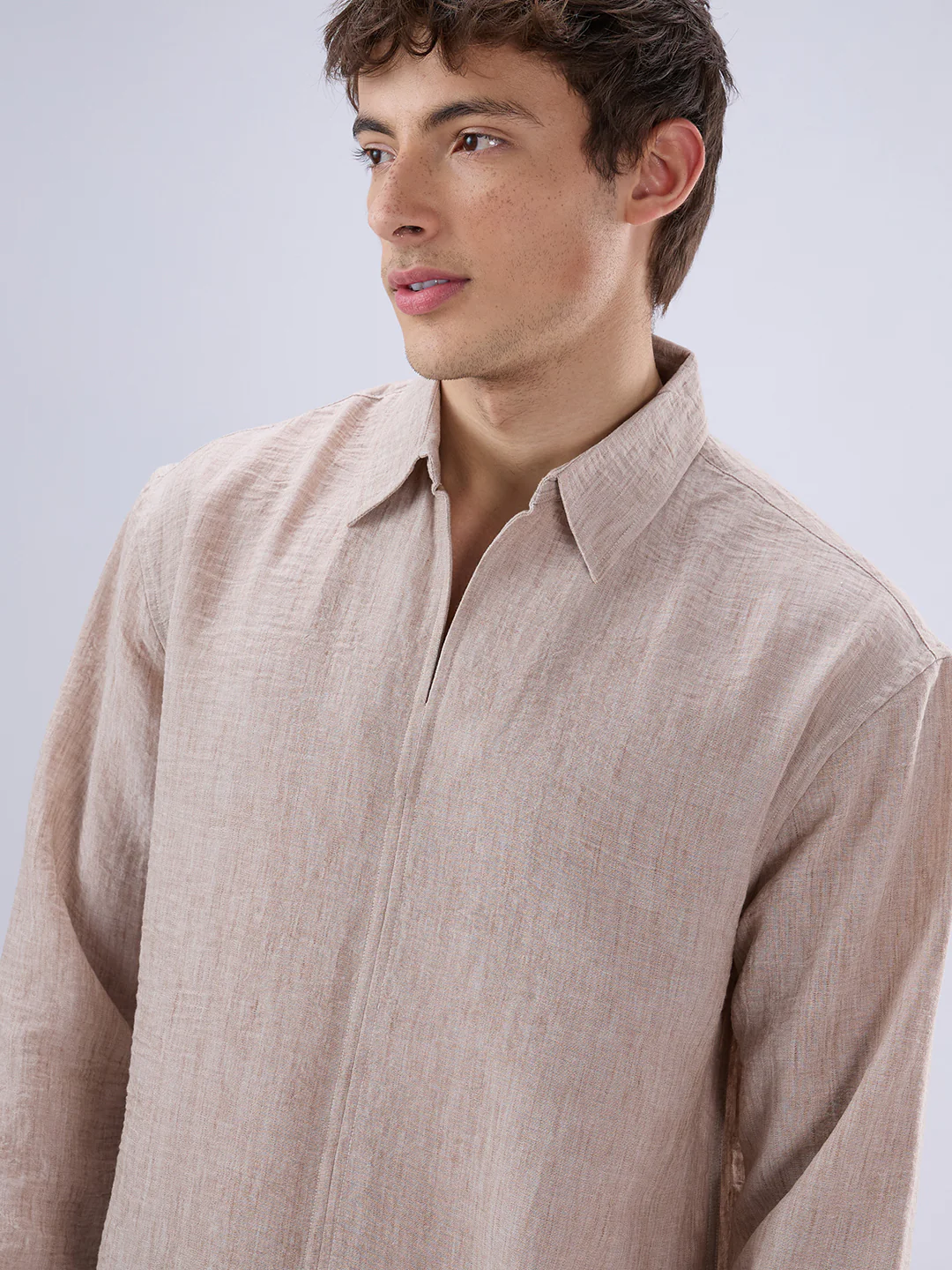Tan Beige Crinkled Center Seam Oversized Polo Shirt - Image 3