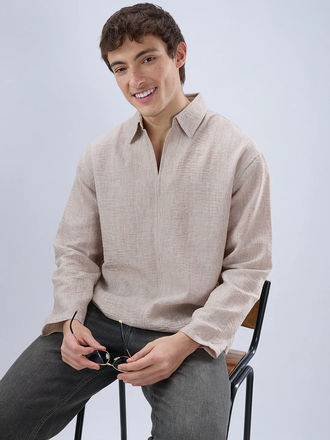 Tan Beige Crinkled Center Seam Oversized Polo Shirt - Image 4