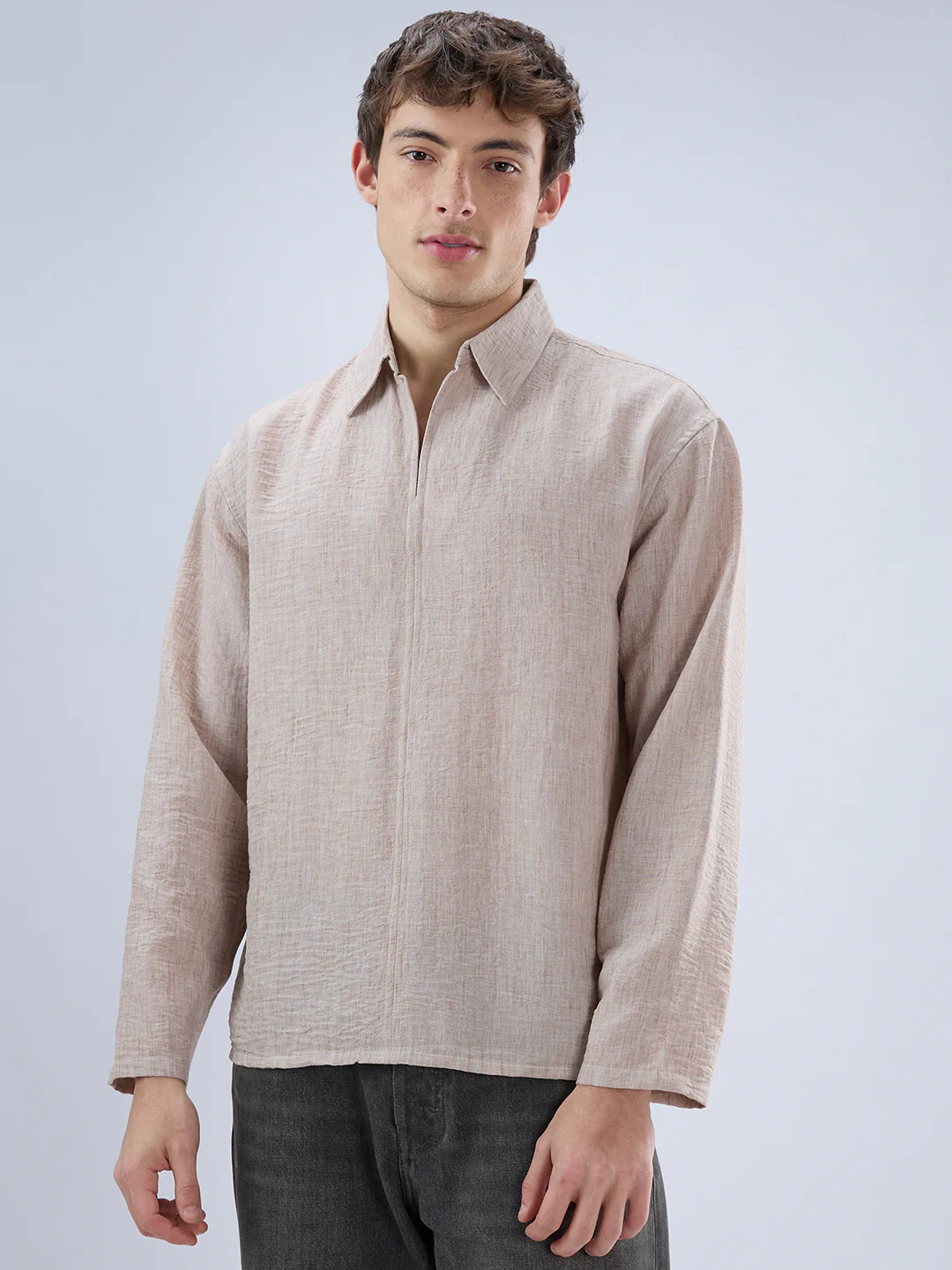 Tan Beige Crinkled Center Seam Oversized Polo Shirt - Image 5
