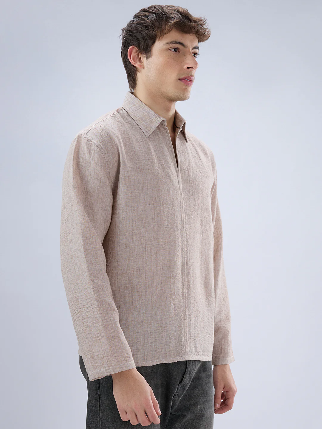 Tan Beige Crinkled Center Seam Oversized Polo Shirt - Image 6
