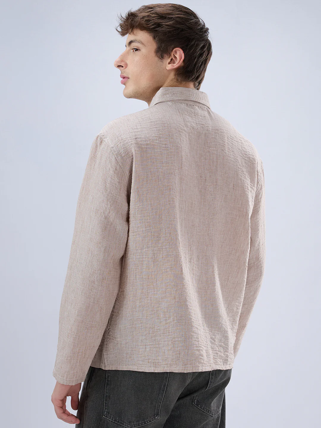 Tan Beige Crinkled Center Seam Oversized Polo Shirt - Image 7