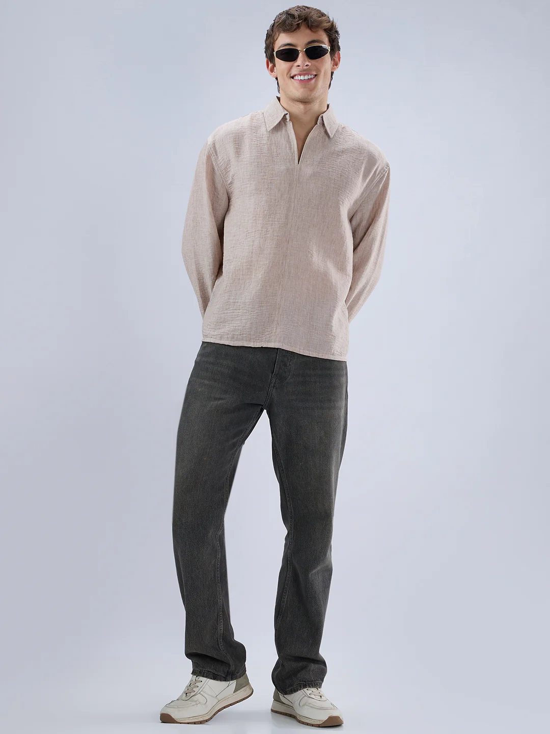 Tan Beige Crinkled Center Seam Oversized Polo Shirt - Image 8