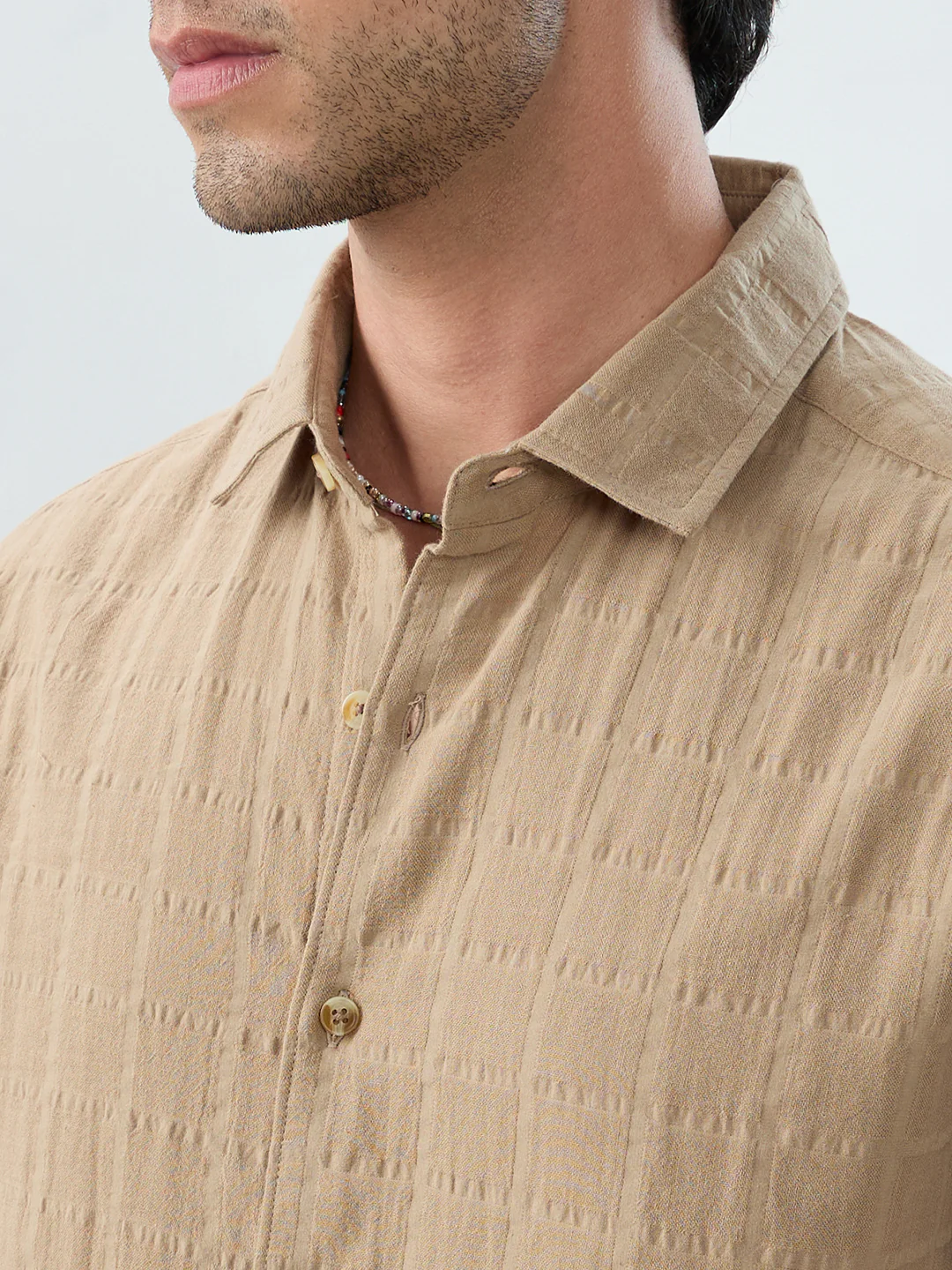 Tan Beige Double Cloth Seersucker Checks Shirt - Image 3