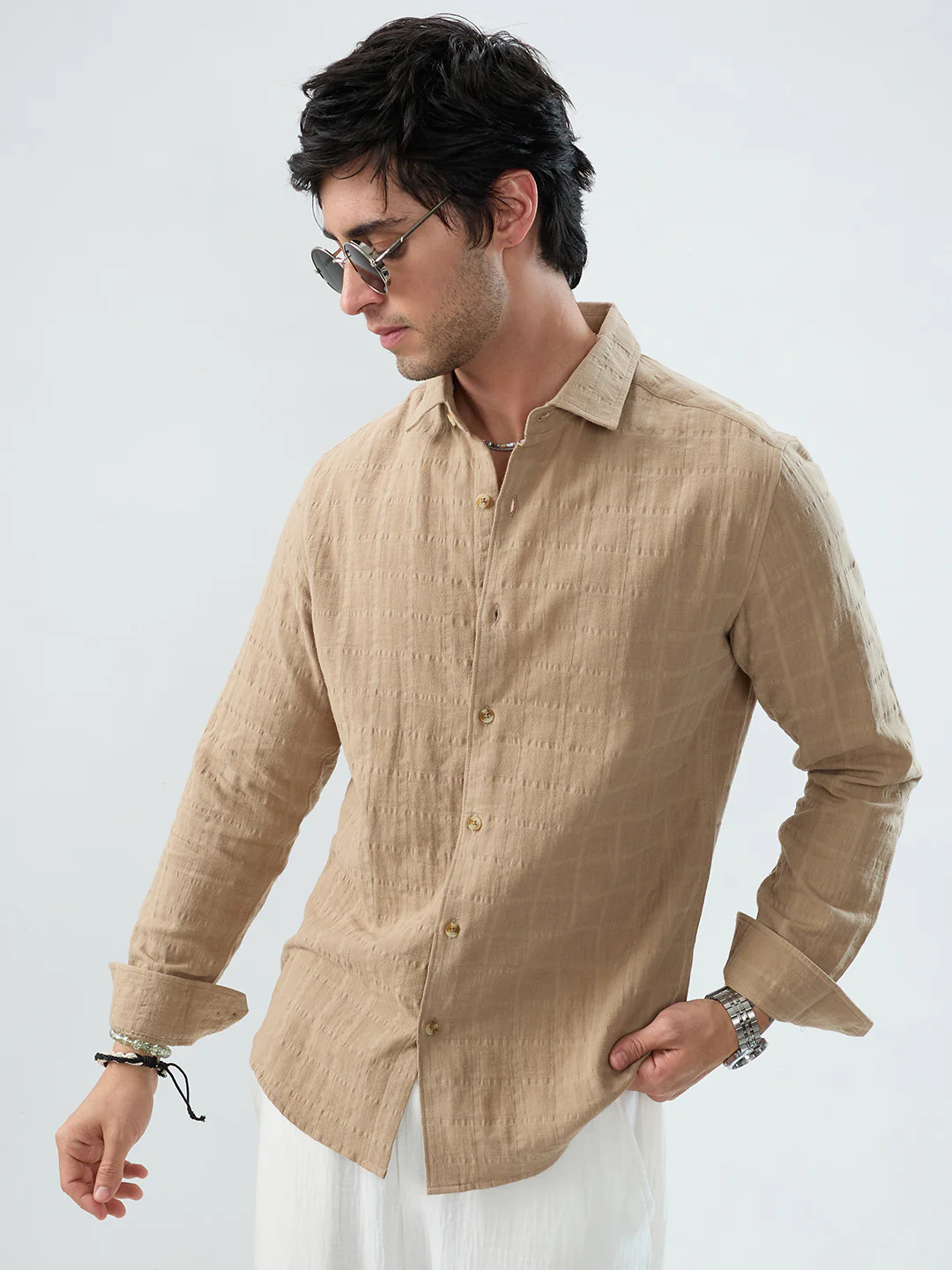 Tan Beige Double Cloth Seersucker Checks Shirt - Image 4