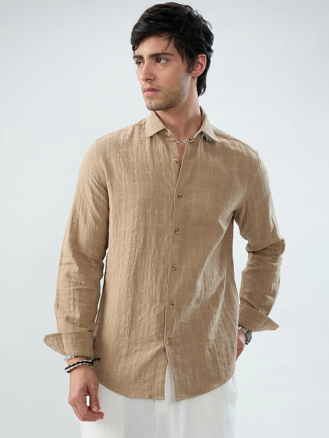 Tan Beige Double Cloth Seersucker Checks Shirt - Image 5
